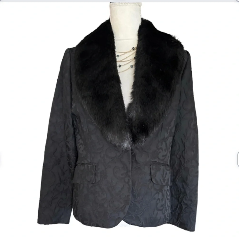 Jones New York Signature Blazer Jacquard Faux Fur Oversized Collar Mobwife - Picture 2 of 16